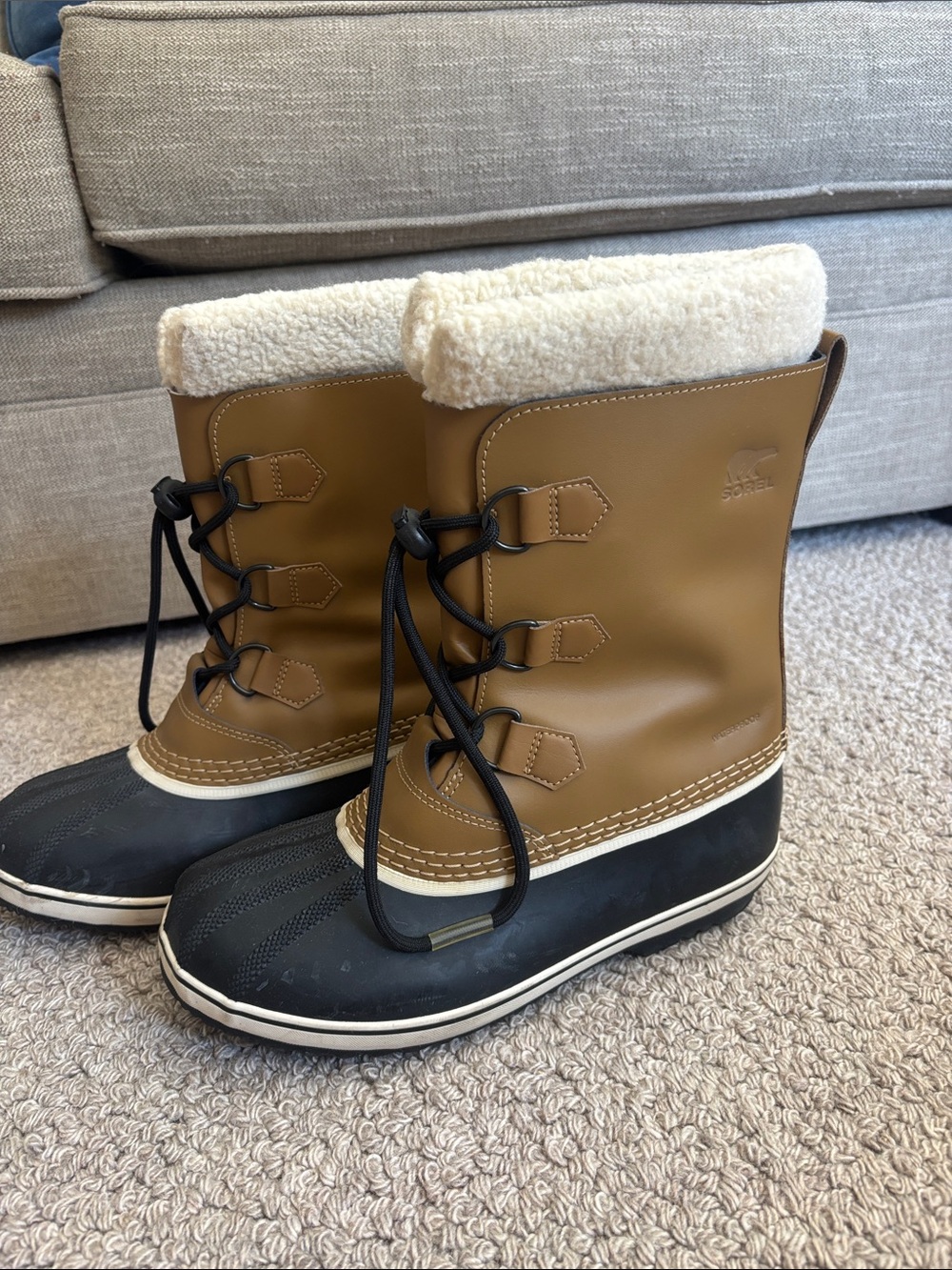 Sorel Tan and Black Lace-Up Winter Boots with Faux Shearling Collar